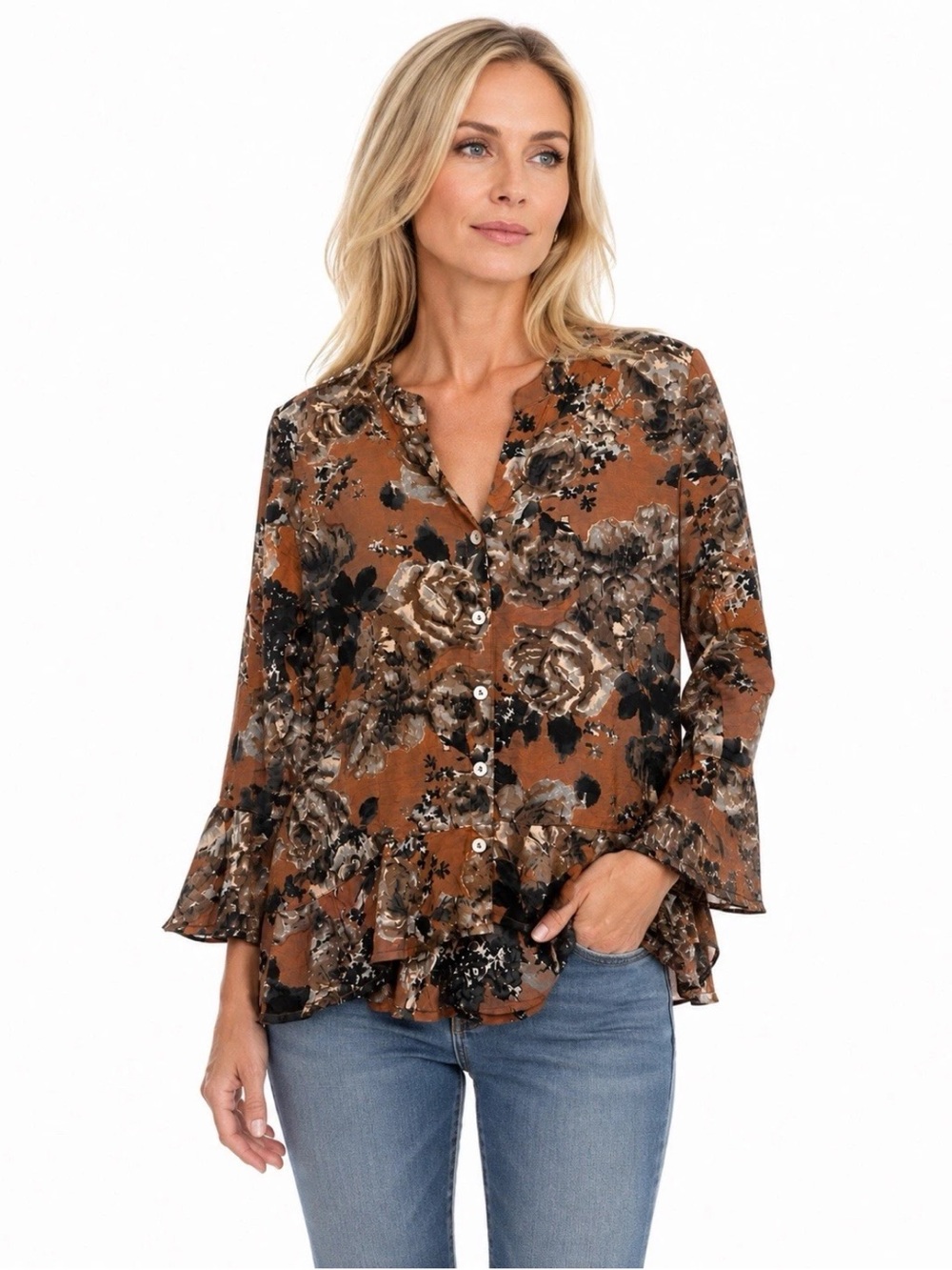 Habitat Clothes To Live In Floral Button Down Blouse Top Small Brown Black